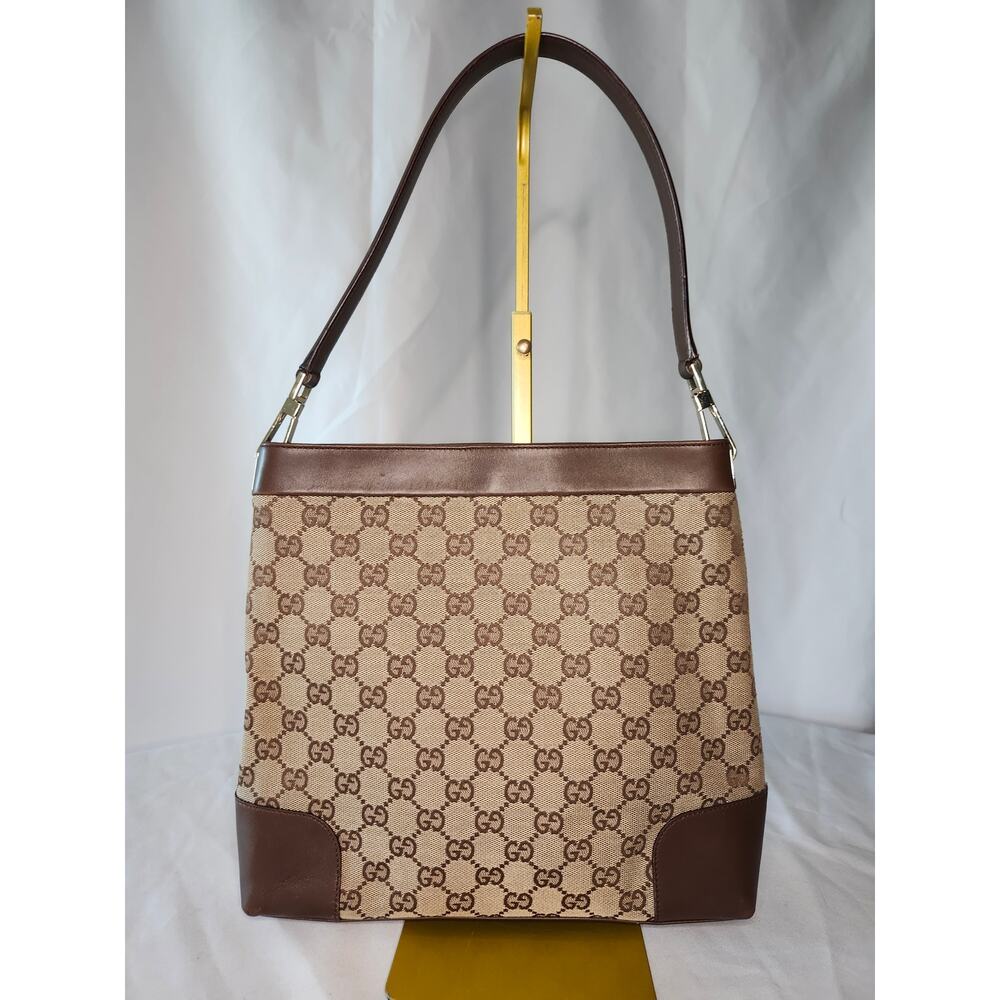 SOLD Gucci GG Canvas Leather Trim Shoulder Bag Brown Vintage Casual Work Evening